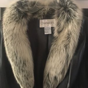 Leather coat with fur collar